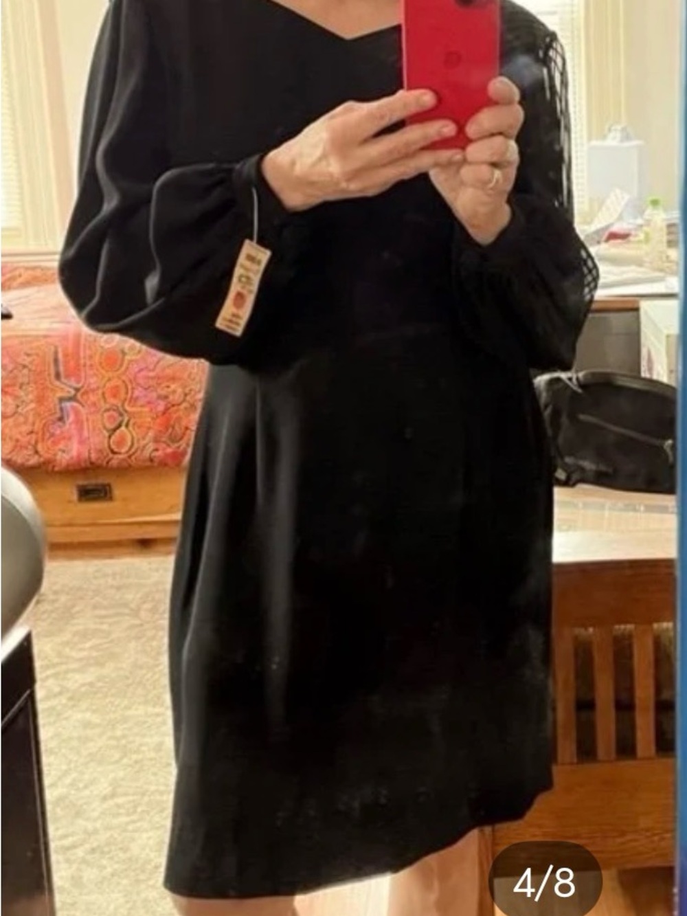 Albert Nipon Black Sheer Sleeve V-Neck Women's Dress